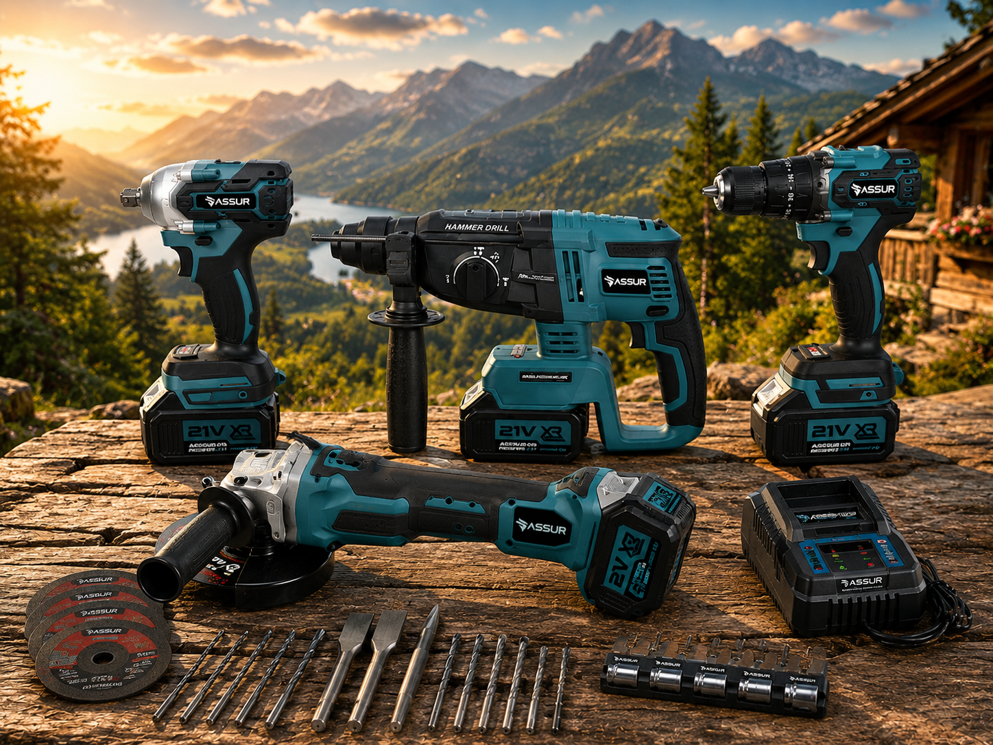 Σετ Εργαλείων Μπαταρίας 36V 4 Τεμάχια Brushless Δραπανοκατσάβιδο Πιστολέτο Τροχός