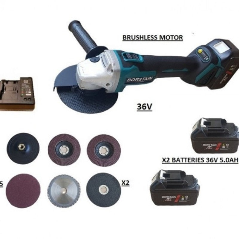Γωνιακός Τροχός BORSTAIN 36V Με 2 Μπαταρίες 5Ah και Ρύθμιση Στροφών